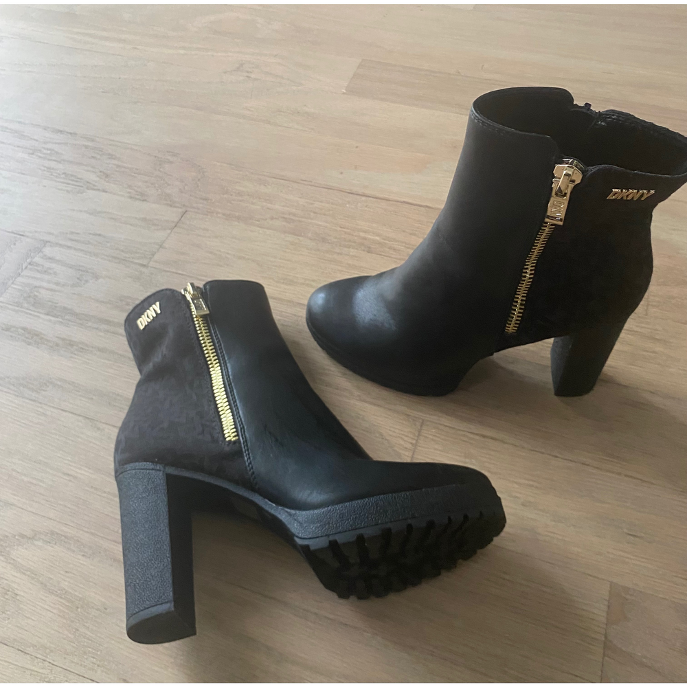 DKNY Black Heeled Ankle Boots with Gold Zippers - Picture 2 of 3